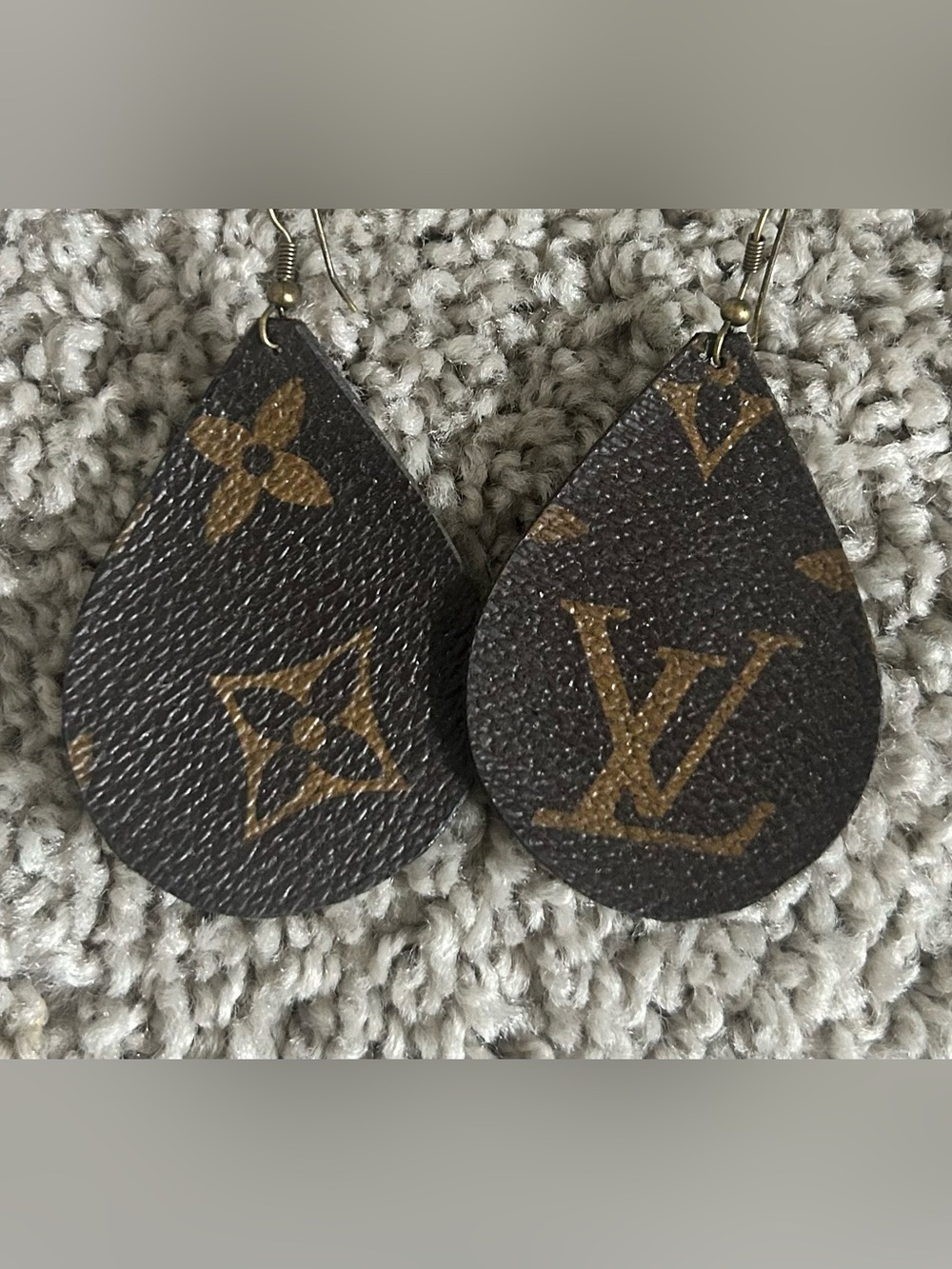 Leather Teardrop Monogram-Style Earrings in Brown and Gold